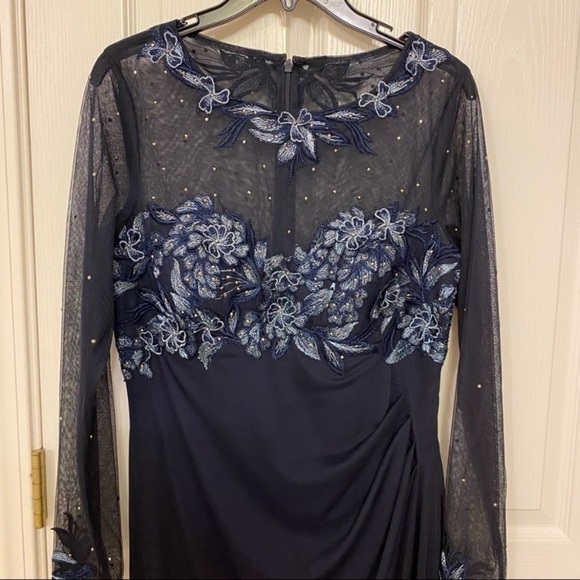 XSCAPE Lace Embroidered Sheer Long Sleeve Gown in Navy Blue - Picture 5 of 11